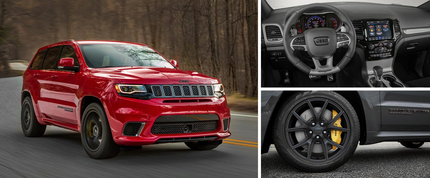 Three images: The 2020 Jeep Grand Cherokee Trackhawk on a road, its cockpit and its wheel with yellow Brembo brake caliper.