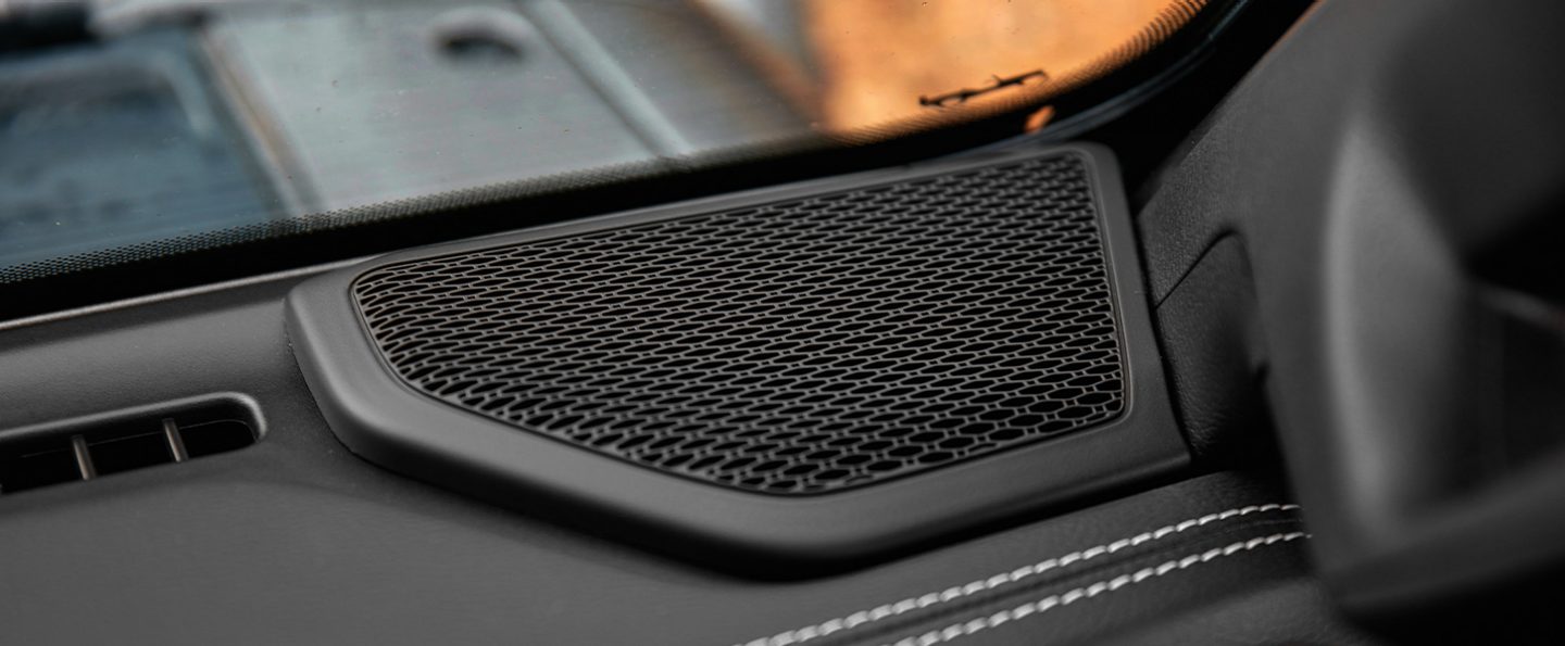 A close-up of one of the speakers in the interior of the 2020 Jeep Wrangler.