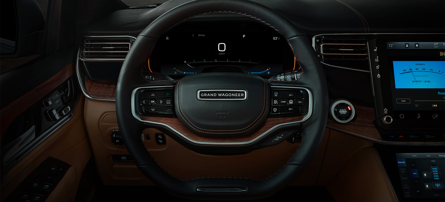The driver information digital cluster display in the 2023 Grand Wagoneer Series III, displaying the vehicle speed of 0 mph.