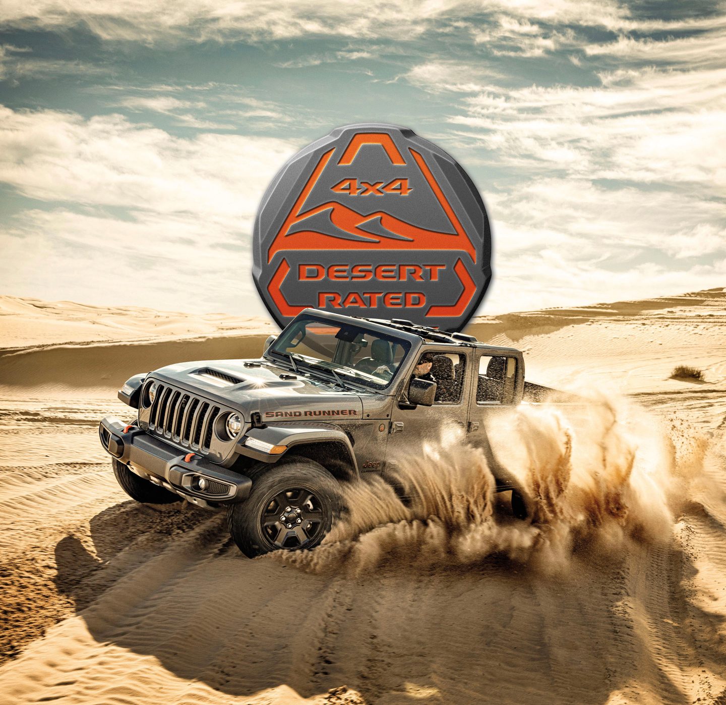 Rubicon. A 2022 Jeep Gladiator Rubicon with its doors and roof removed, beginning to descend a rocky hill, with the Trail Rated 4x4 logo superimposed overhead.